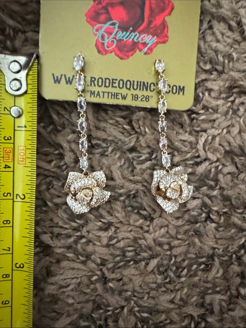 Rodeo Quincy Gold Rose Drop Earrings with Clear Stones
